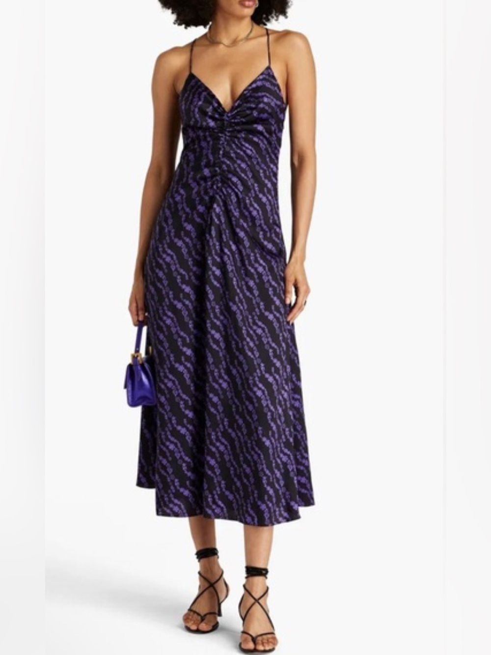 Sandro Paris Thaiis Noir Violet Printed Halter Midi Dress NEW